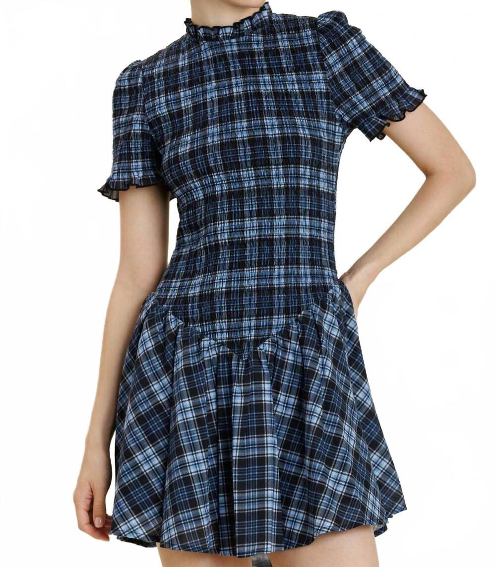 NEW AUREUM smocked mini dress in blue plaid
